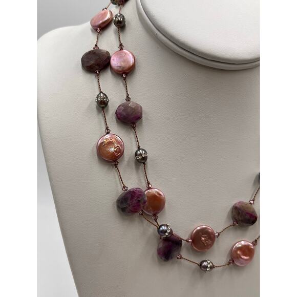 Margo Morrison Raw Ruby Crystallized Gray Pearl Pink Pearl Swarovski Necklace - Picture 7 of 8